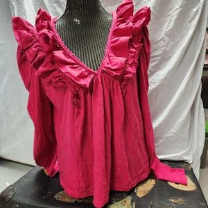 Anthropologie Fuscia Ruffle Longsleeved Top